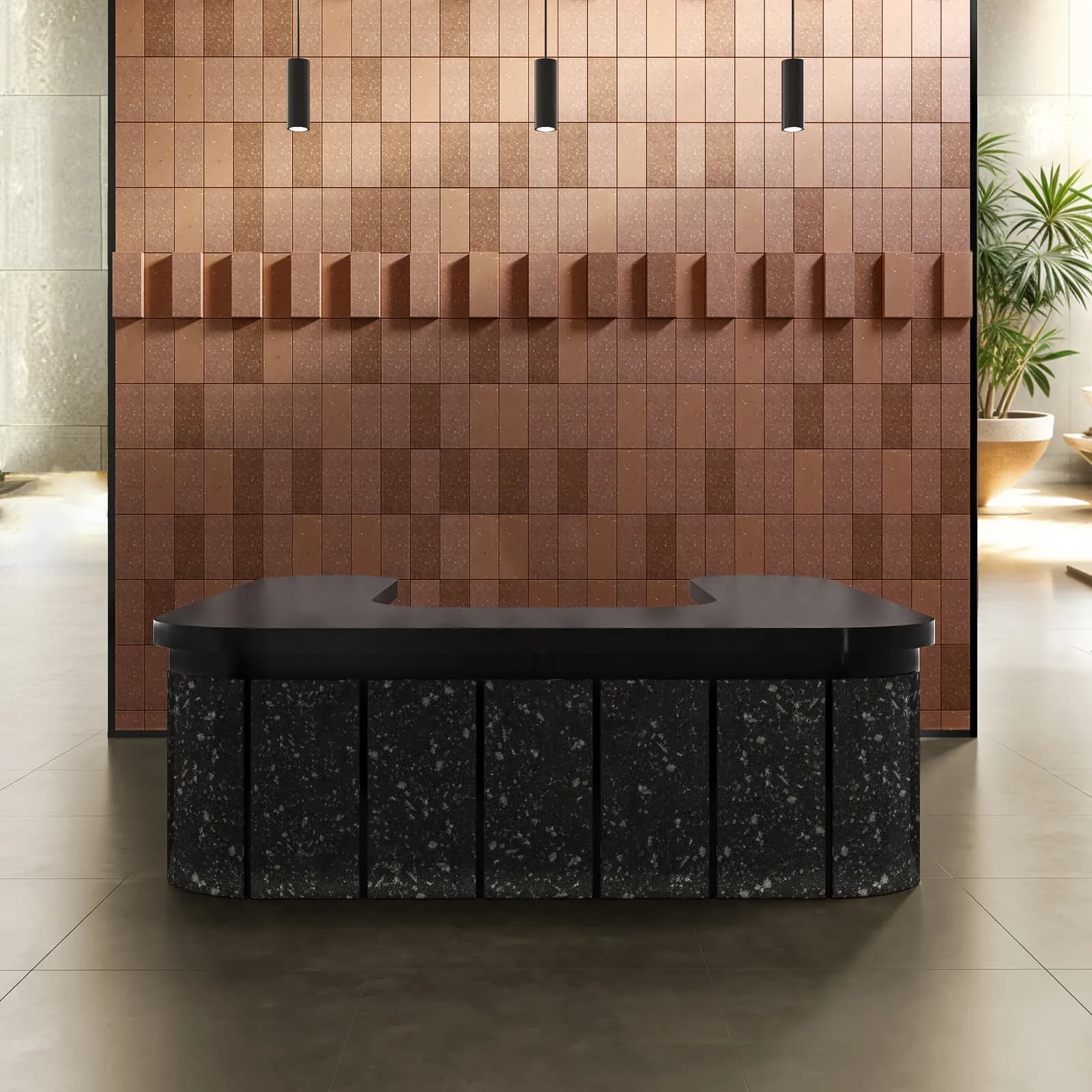 A wall of copper-coloured Manhattan relief panels behind a dark stone reception desk