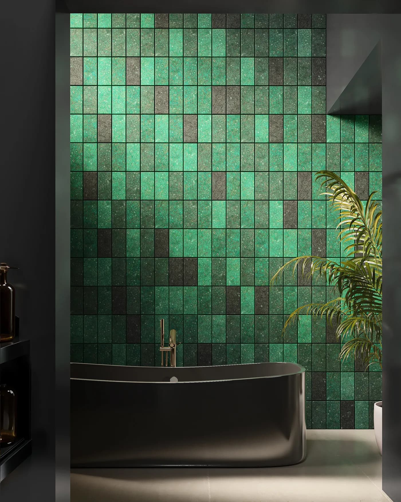 Green Manhattan panels in a gradient behind a black freestanding bath