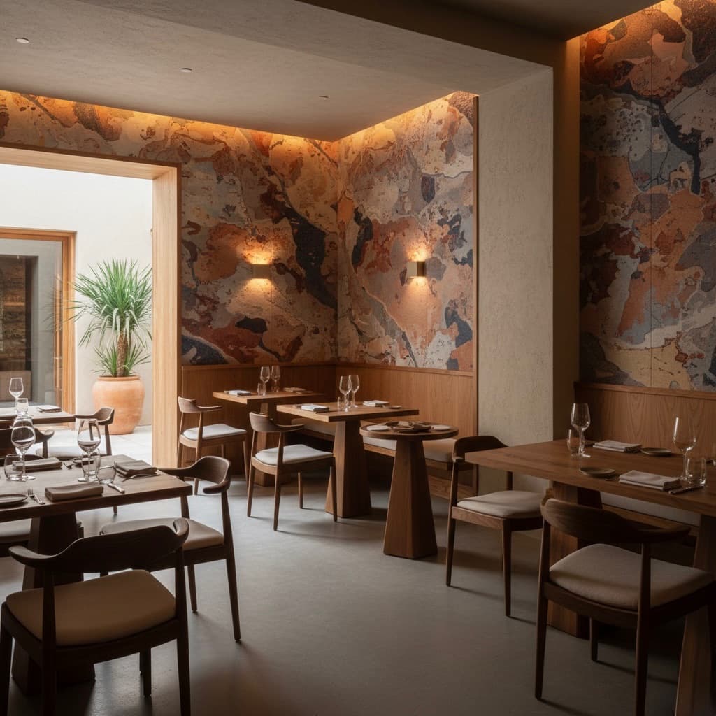 A restaurant wall covered in Lienzo printed with a warm abstract mural