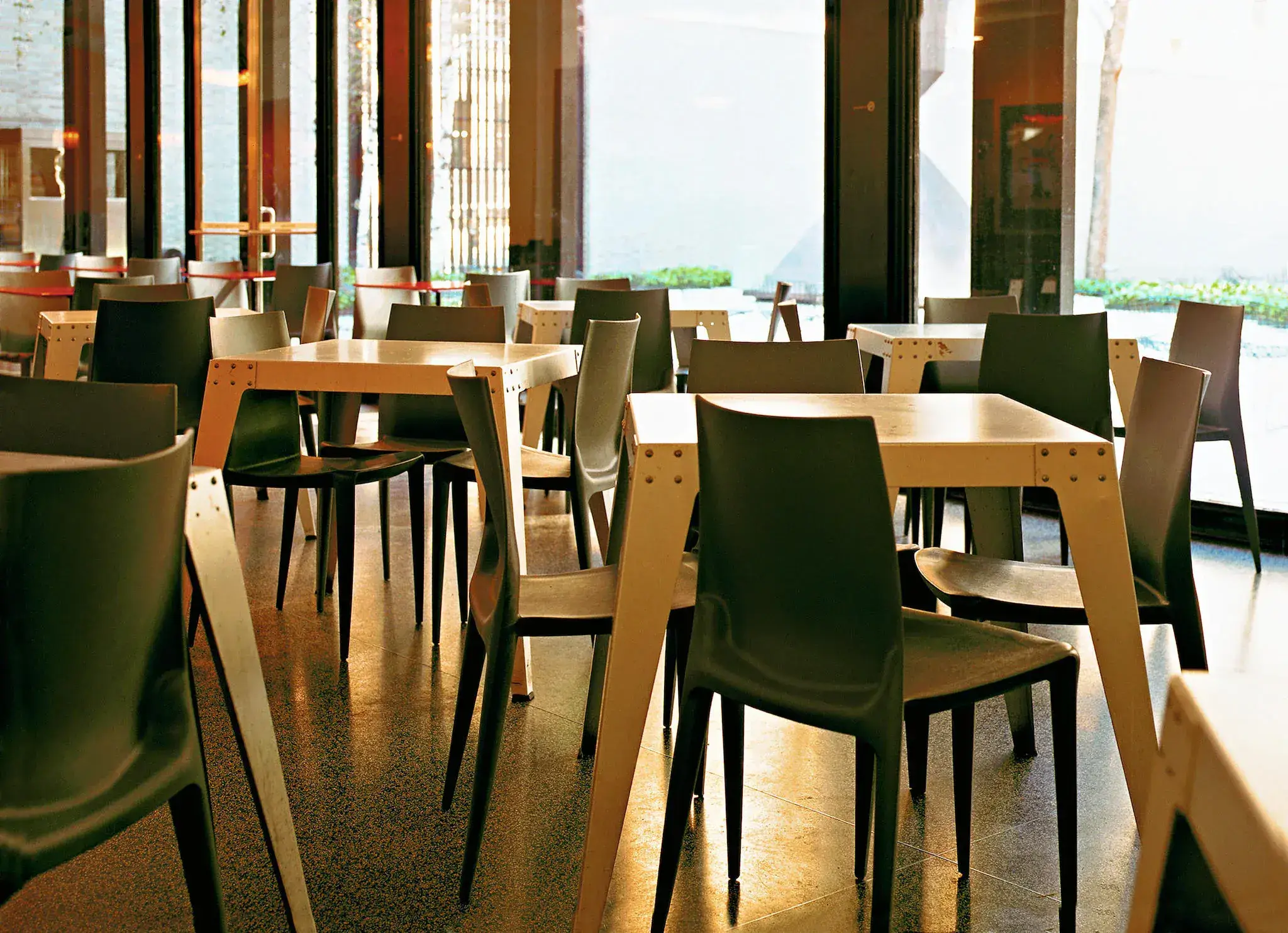 Green Heller Bellini chairs around pale timber tables in the light-filled MoMA Café
