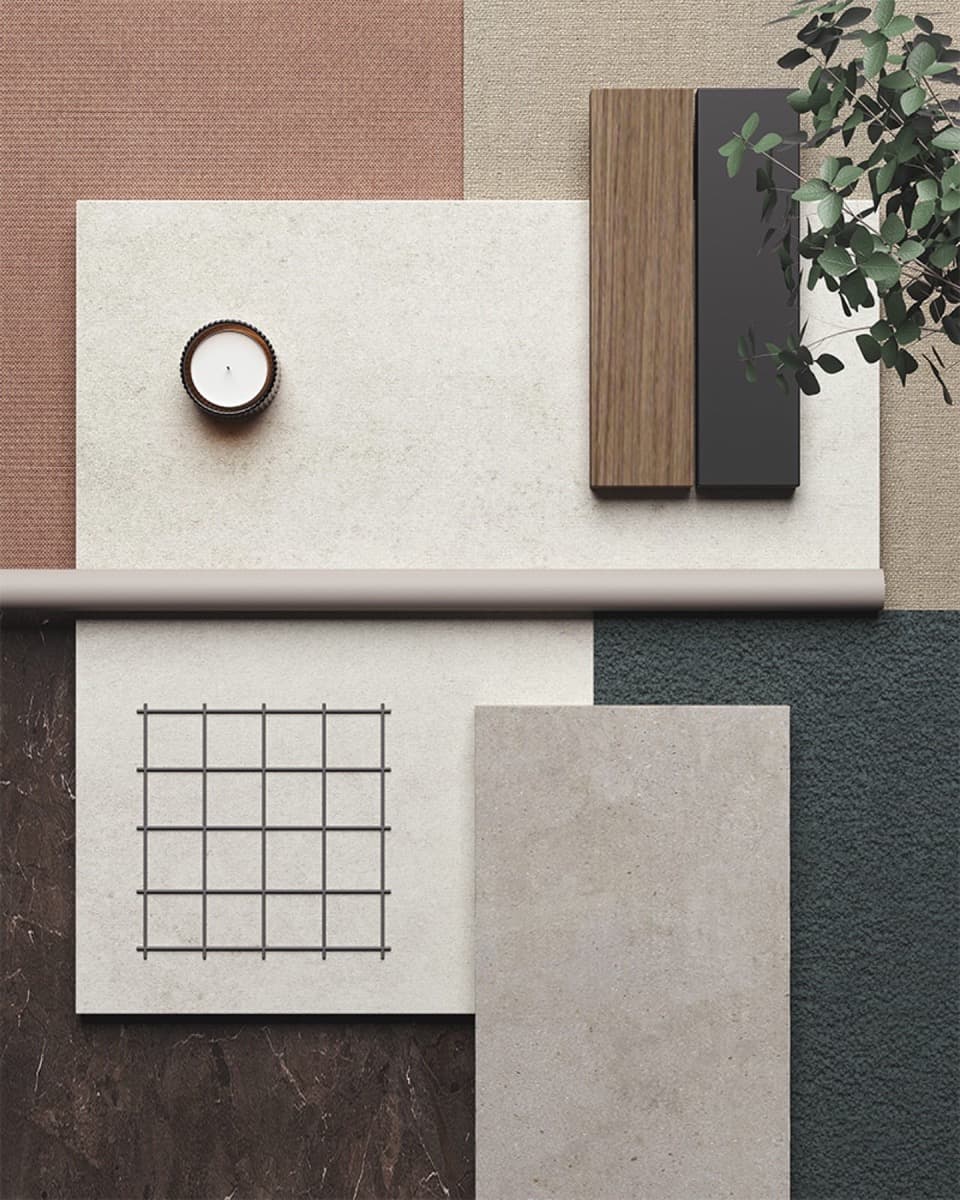 Mobliberica surface finish palette showing warm terracottas, rich blacks, and marble reproductions