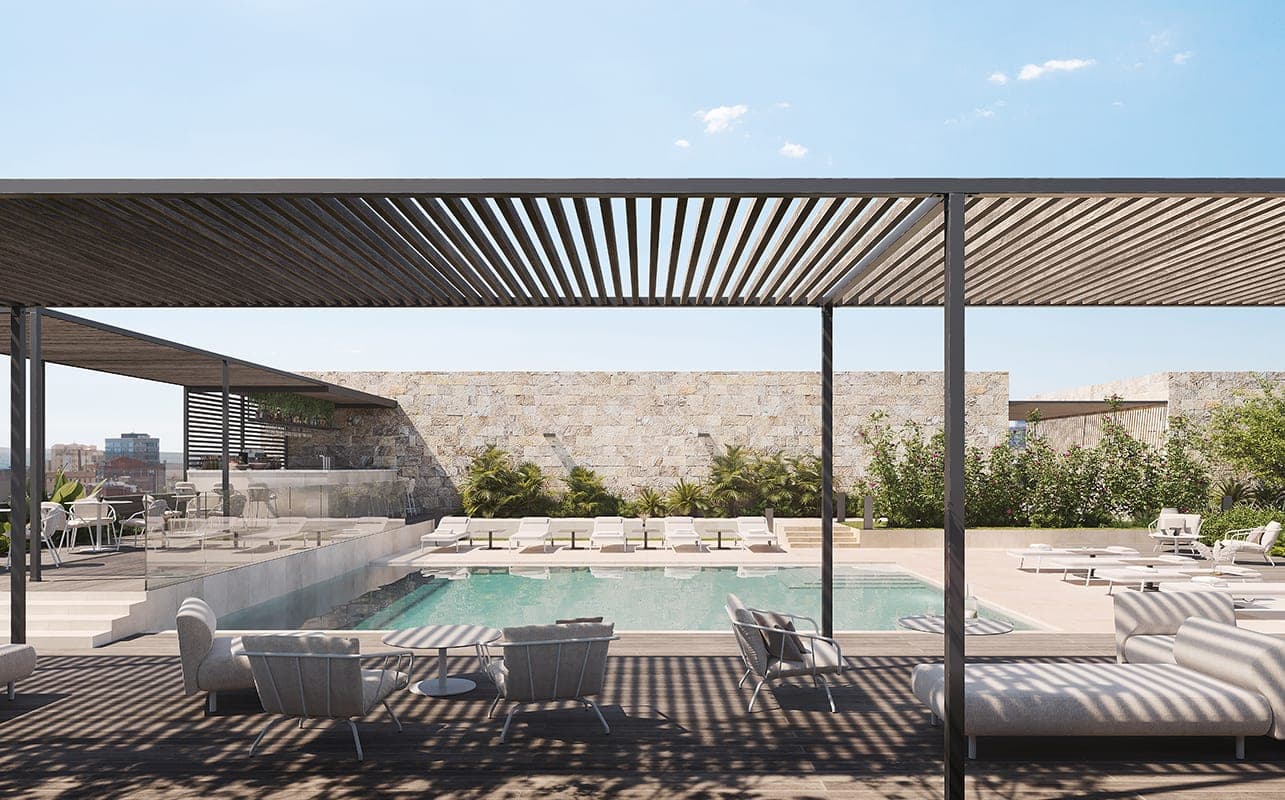 Mediterranean outdoor furniture by a hotel pool terrace