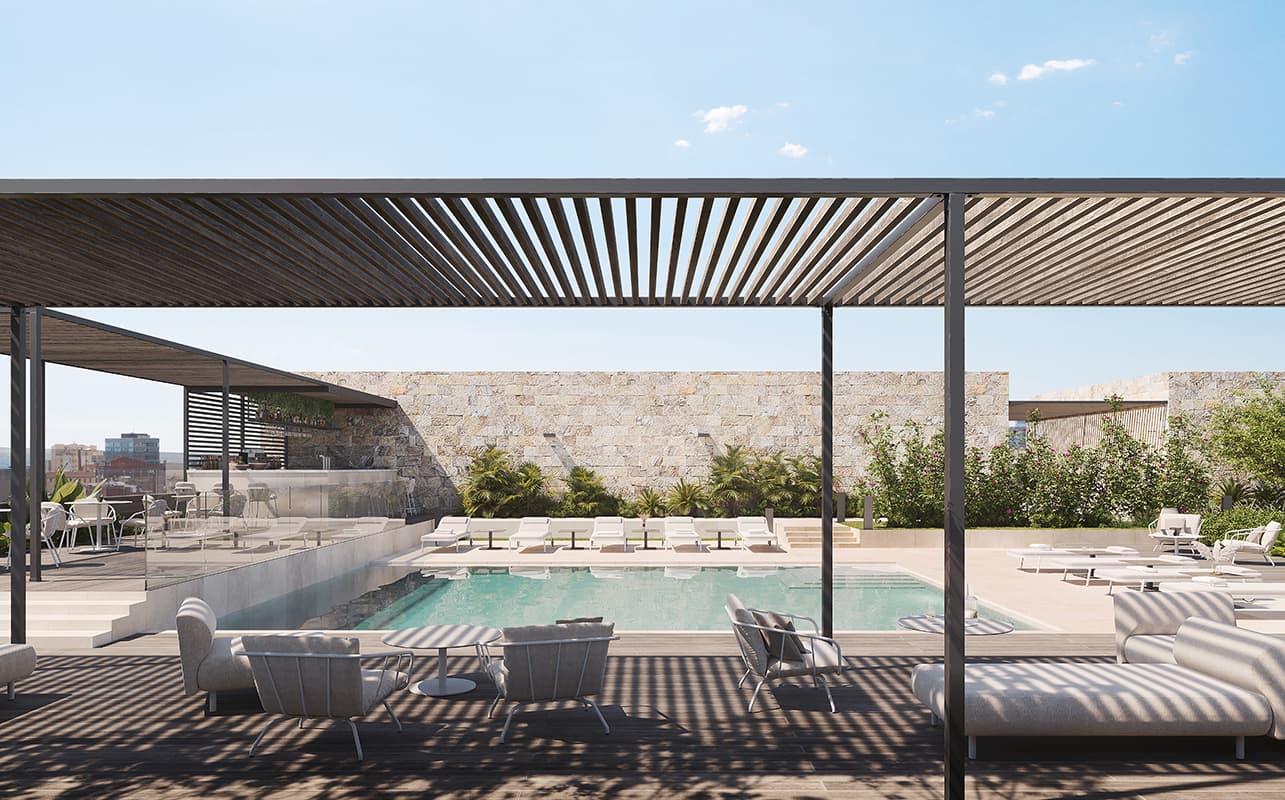 Mediterranean outdoor furniture by a hotel pool terrace