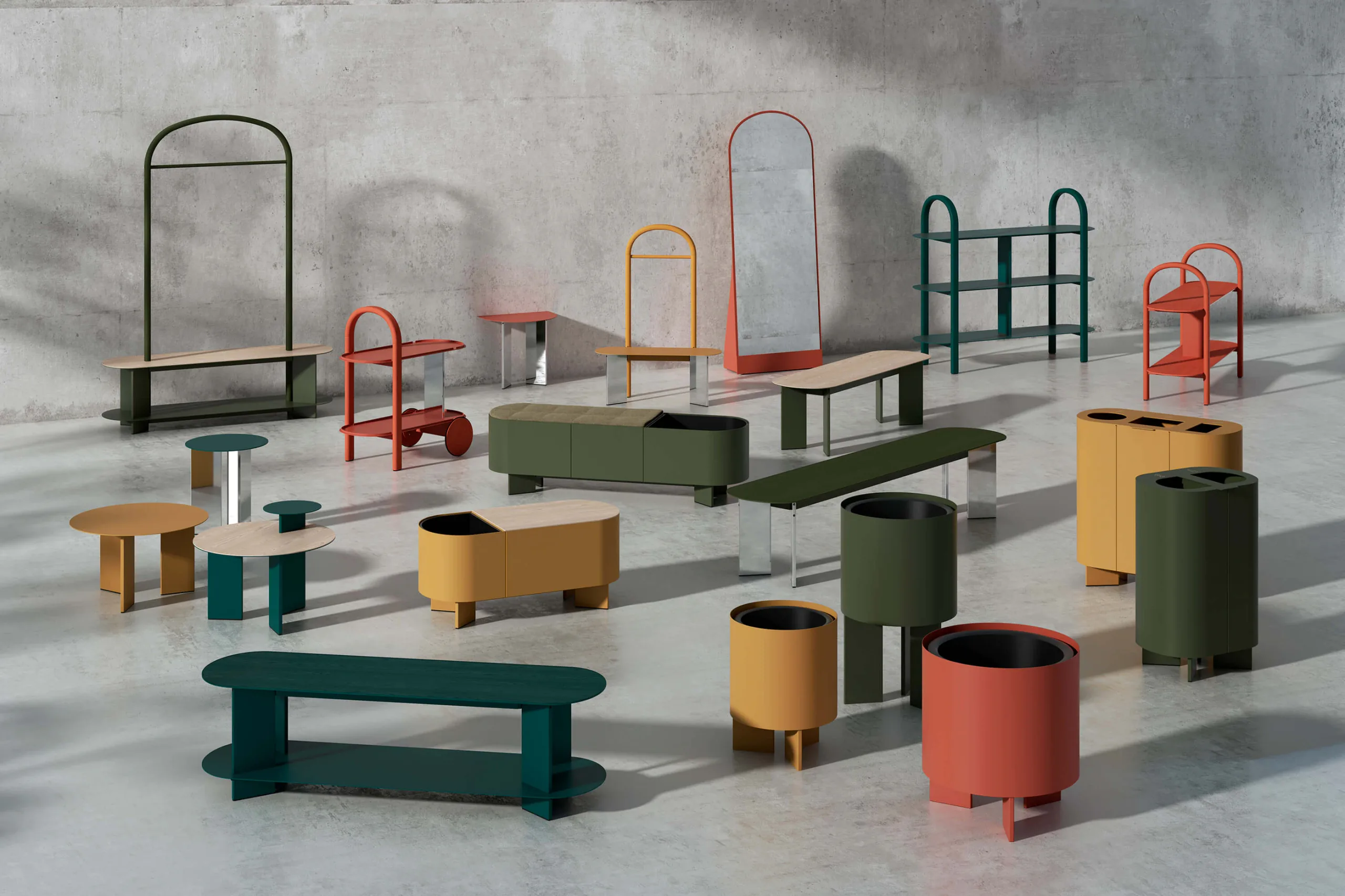 The Systemtronic collection of planters, trolleys, coat stands and benches in green, ochre and terracotta