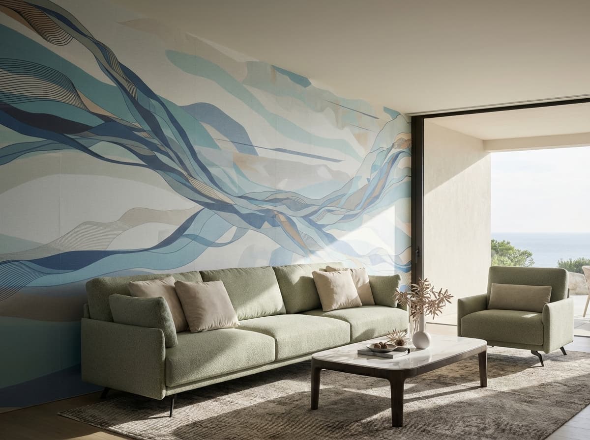 Dressy sofa with Creavalo acoustic mural in a luxury hospitality setting