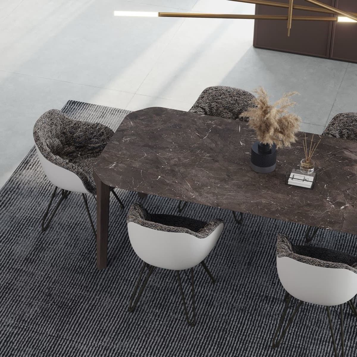 Dressy ceramic-topped dining table in a luxury setting